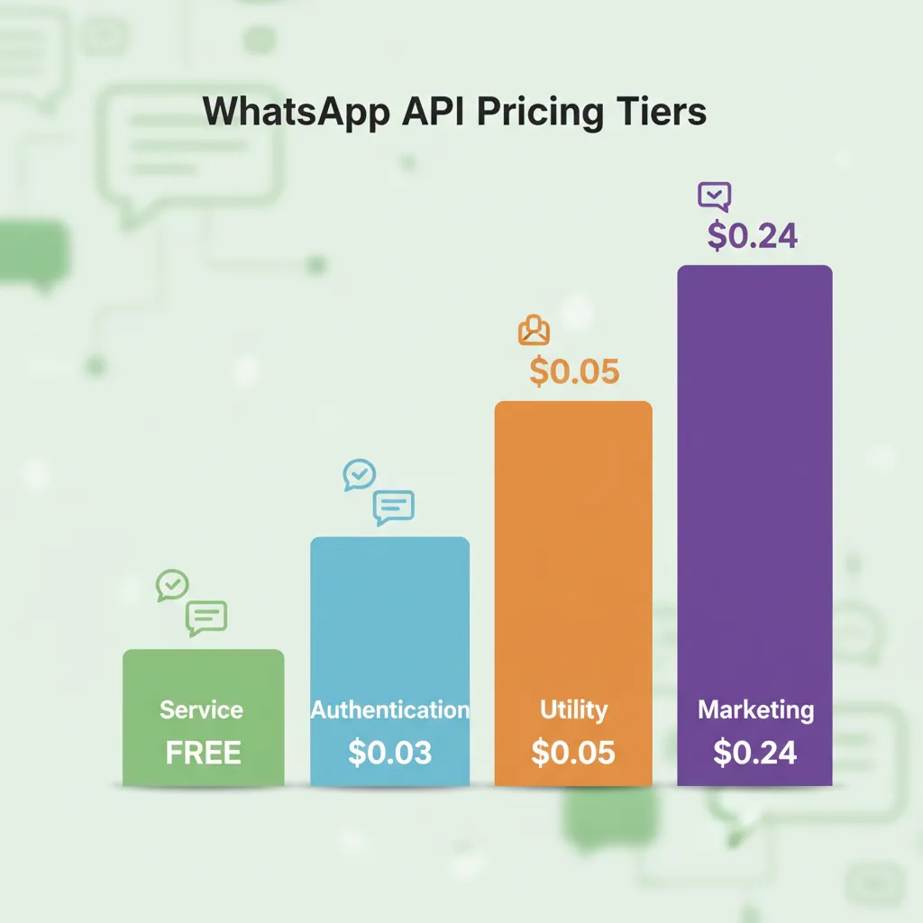 WhatsApp Business API pricing tiers diagram showing marketing, utility, authentication, and free service conversation categories with per-message costs