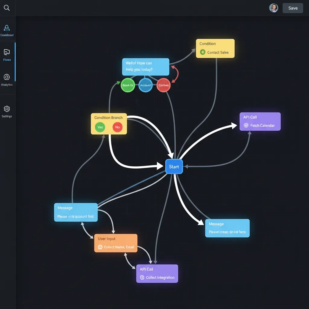 ChatDaddy no-code chatbot flow editor showing drag-and-drop conversation design for WhatsApp automation