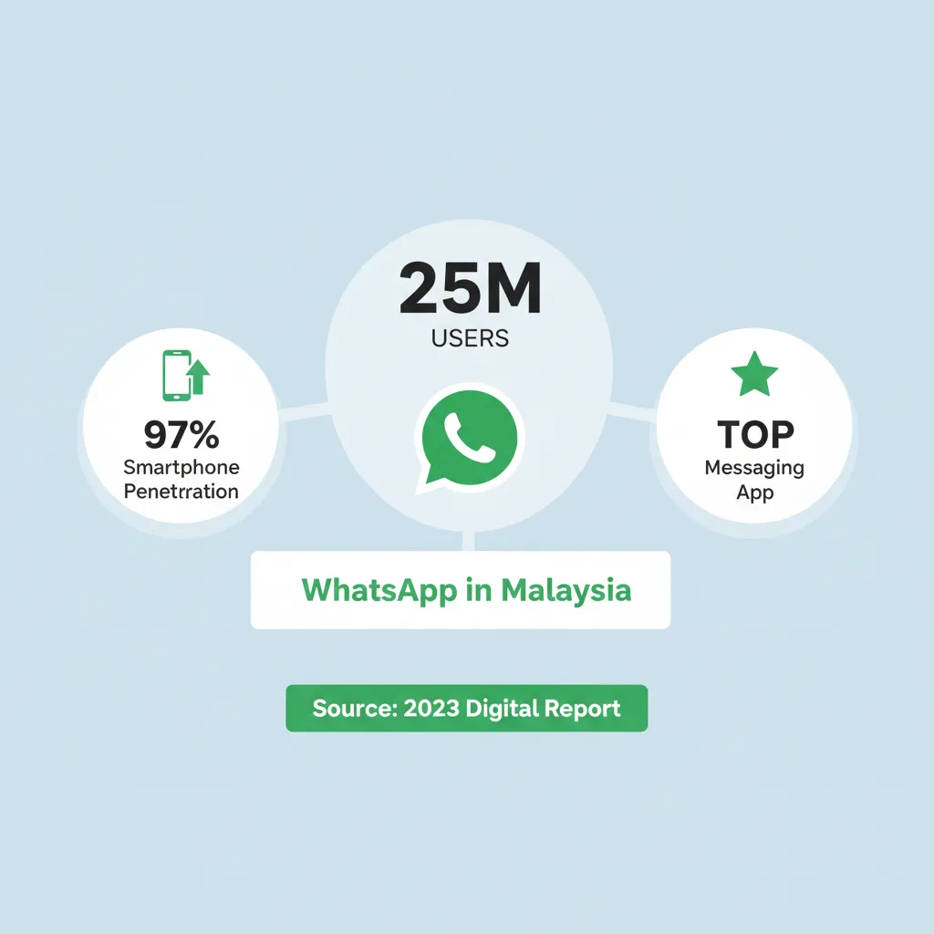Infographic showing WhatsApp usage statistics in Malaysia — 27 million users, 98% penetration, 38 minutes daily average