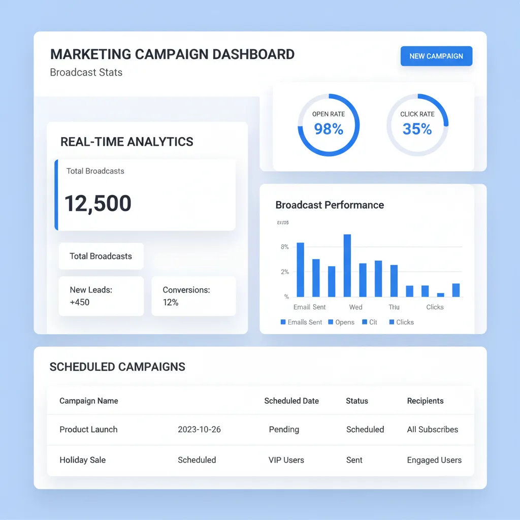 ChatDaddy WhatsApp marketing dashboard showing campaign performance metrics with 97% open rate and 45% CTR